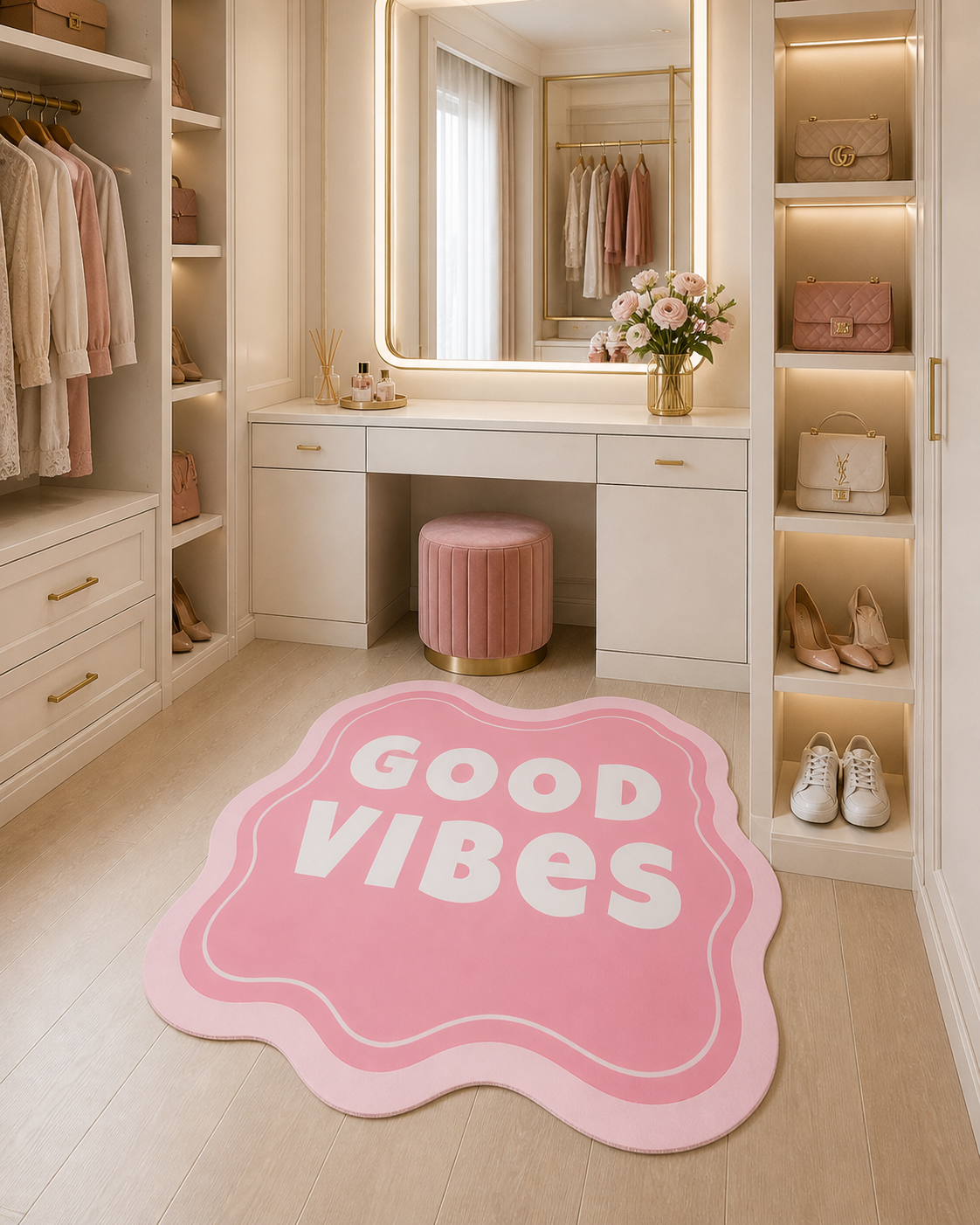 Blush Good Vibes Yazılı Pembe Halı