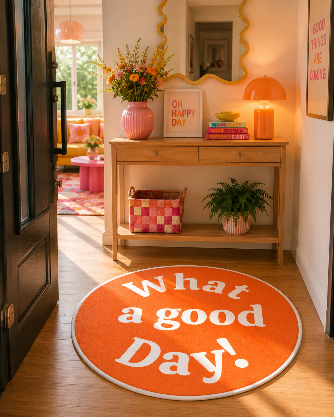 Sunny What a Good Day Yazılı Yuvarlak Halı